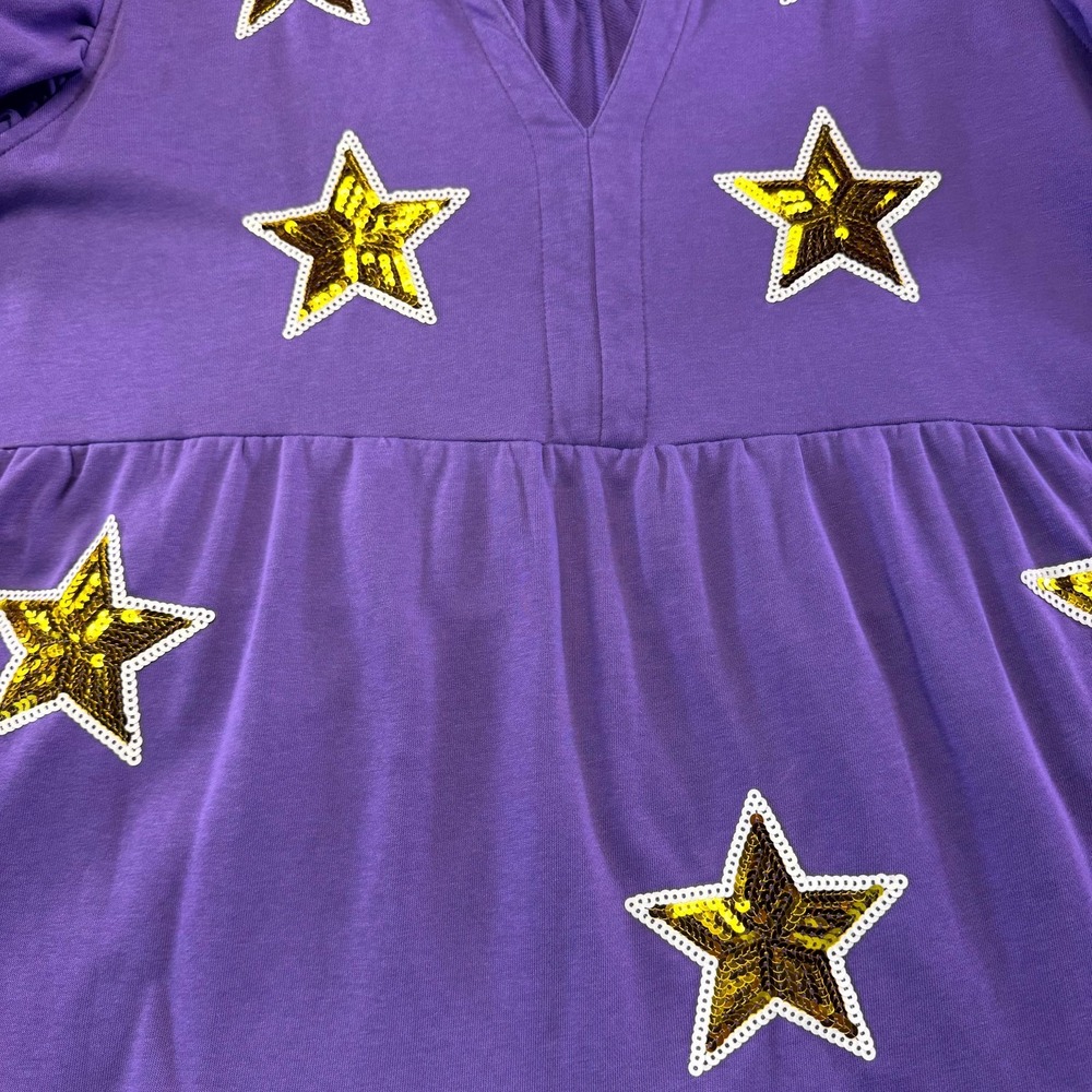 Umgee Mini Dress Womens 1XL Purple Gold Sequin Star Cotton V-Neck Ruffle Sleeve - Picture 6 of 16